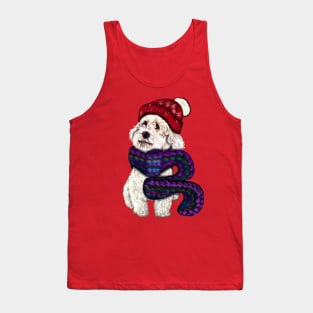 cavalier king charles spaniel in a knitted scarf,  white Cavapoo Cavoodle snug in a knitted scarf and beanie Tank Top